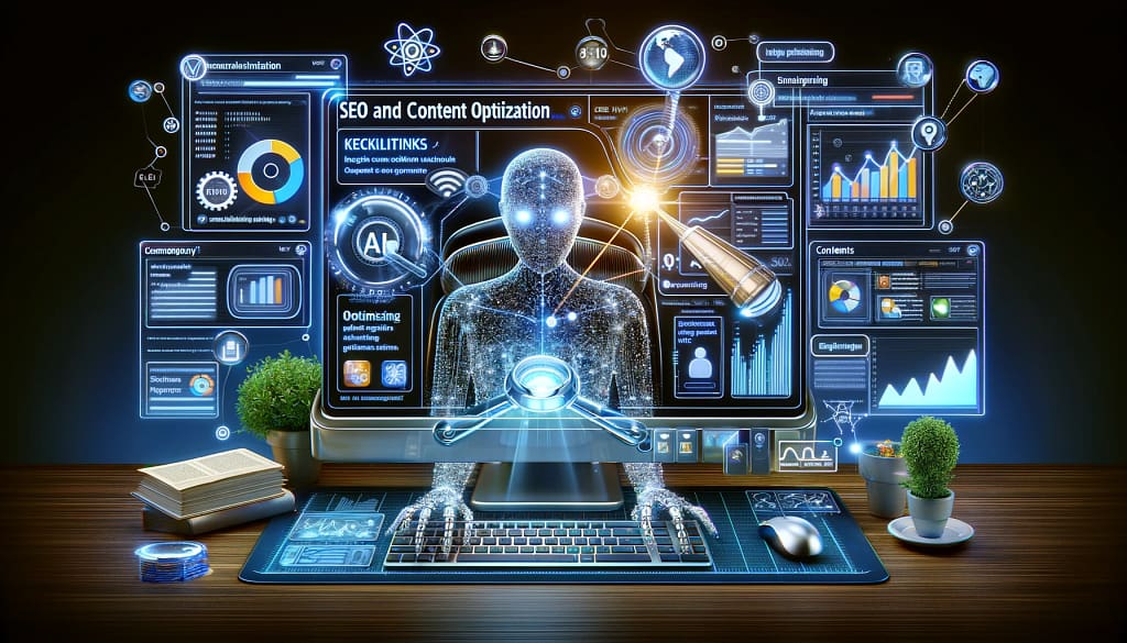 The image here captures the concept of "SEO and Content Optimization: AI’s Unseen Hand". It illustrates a computer interface where AI is enhancing website content for SEO, with elements like keyword analysis, backlink tracking, and content relevancy improvements. The AI's subtle involvement is symbolized by a digital hand or ghostly presence, indicating its significant yet behind-the-scenes role in modern digital marketing.