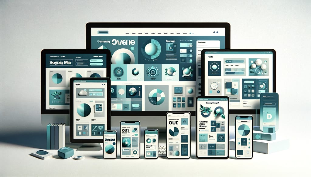 the image representing the concept of a unified brand identity across various digital platforms. It visualizes the consistent design theme in the layout, color scheme, and font choices across a website, social media, and a mobile app, all displayed on different devices. This image aims to symbolize the harmony and coherence in design that reinforces a strong and recognizable brand identity in the digital space.
